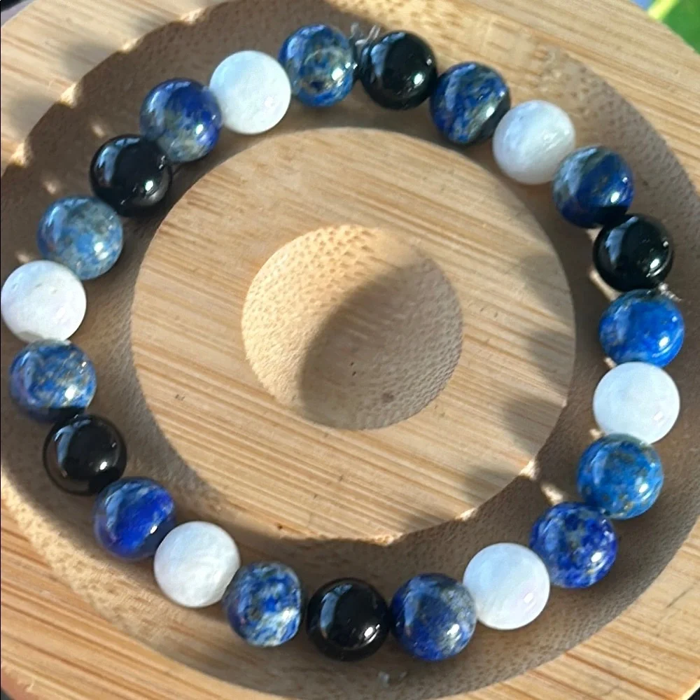 ✨ Handmade Lapis Lazuli + Moonstone + Black Obsidian Beaded Bracelet